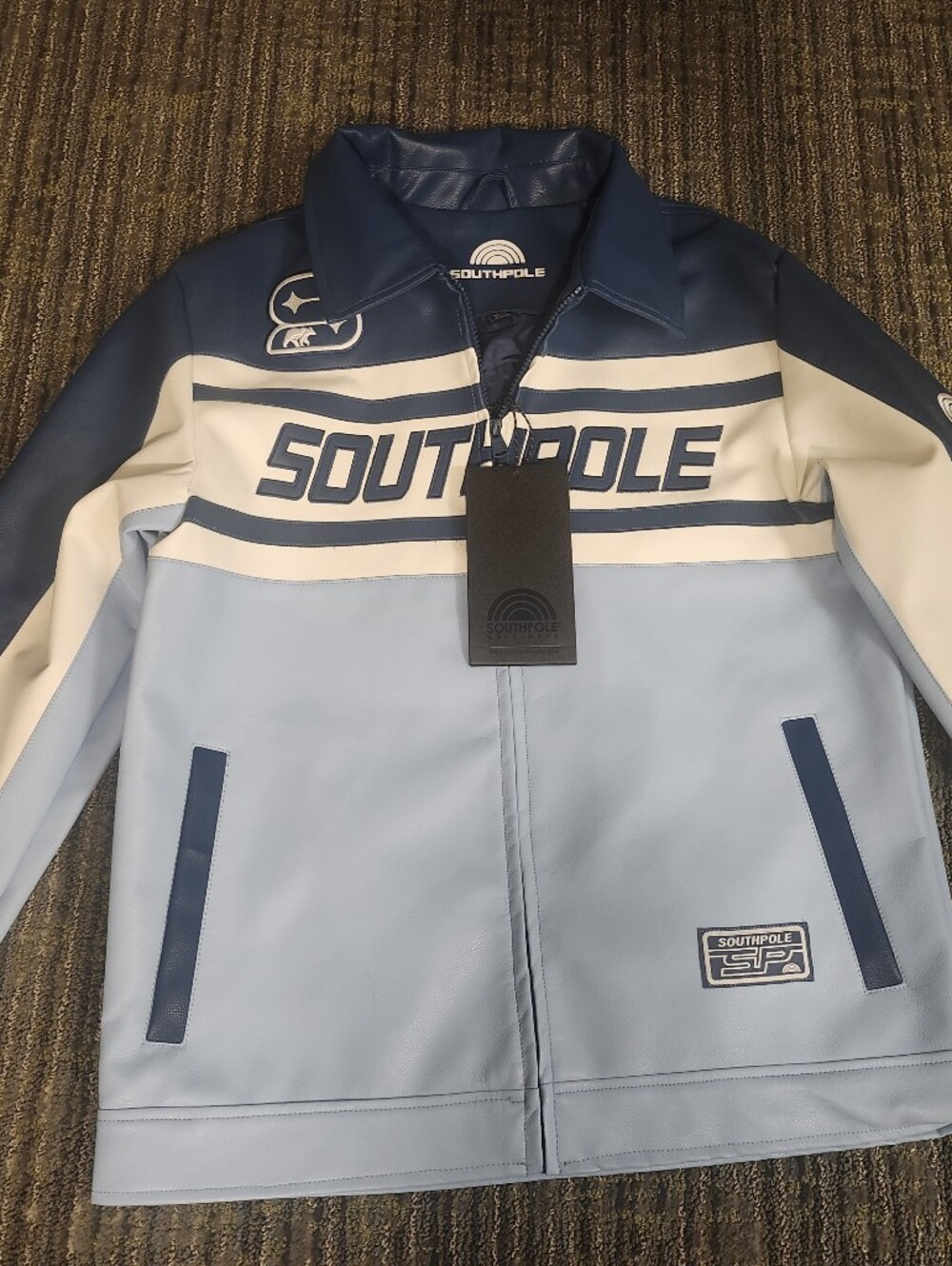 Southpole Men’s Blue/White Colorblock Full Zip Faux Leather Jacket Size M